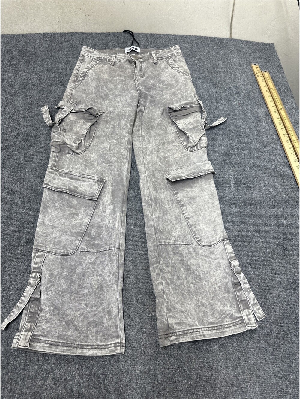 Disclosure Women’s 7/28 Gray Acid Wash High Rise Wide Leg Denim Cargo Jeans